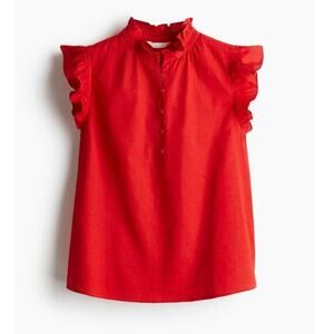 H&M Red Linen Blend Ruffle Sleeve Blouse Breathable Casual Summer Top Sz L